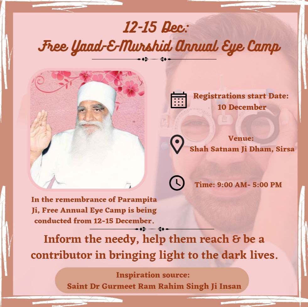 MohobbatPaak's tweet photo. A grand initiative by Dera Sacha Sauda for brightening up the lives of thousands of people:
31st ‘Yaad-E-Murshid’ Free Mega Eye Camp. It is going to be organised at Dera Sacha Sauda #FreeEyeCamp https://t.co/UbL3ExGEiY