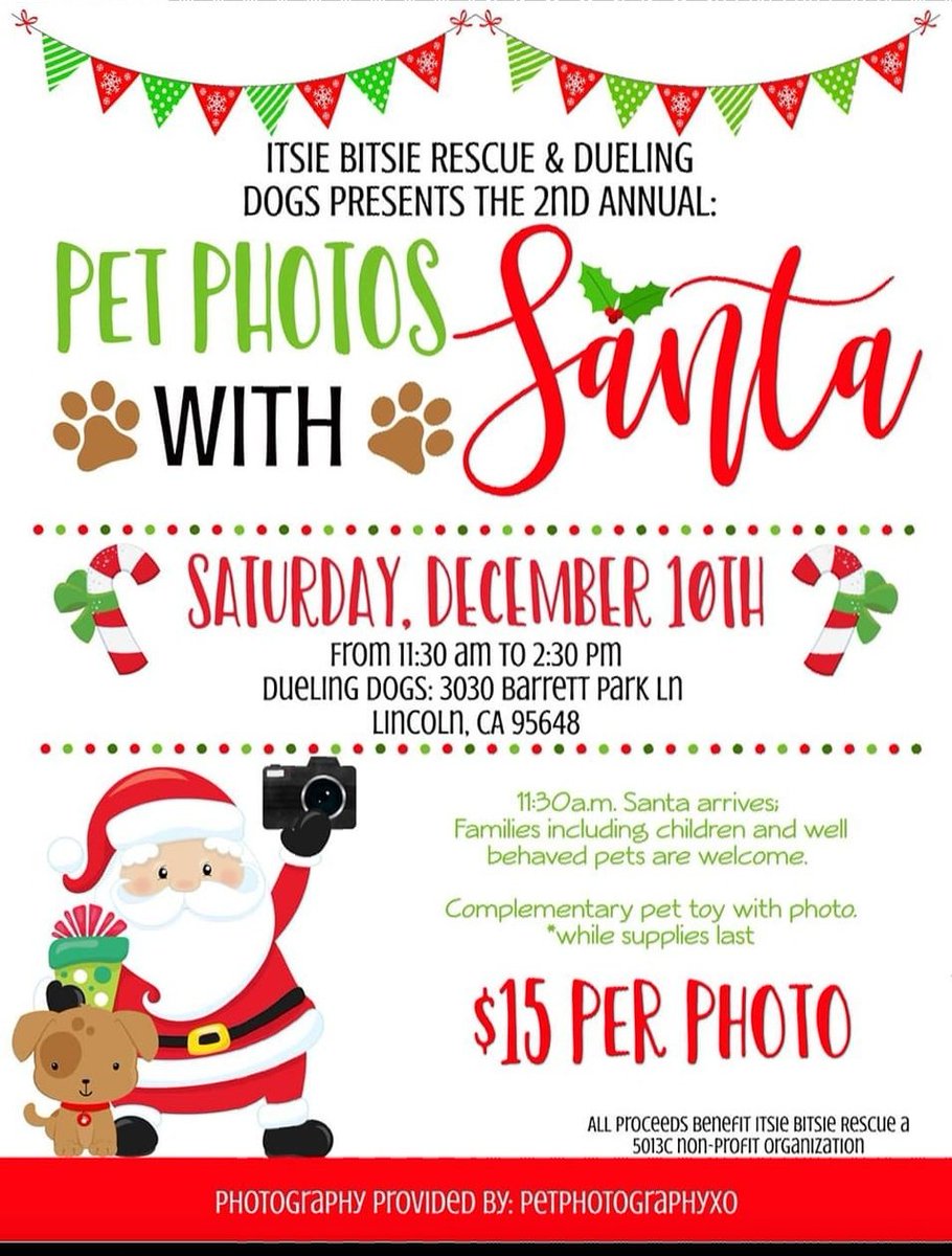 Join us for Pet Santa Photos! 
All proceeds benefit Itsie Bitsie Rescue.
There will be a vendor fair and we will have @seescandies and the 2023 IBR Calendar available at our table!
#savethedate #photoswithSanta #savinglives #DuelingDogsBrewing #fundraising