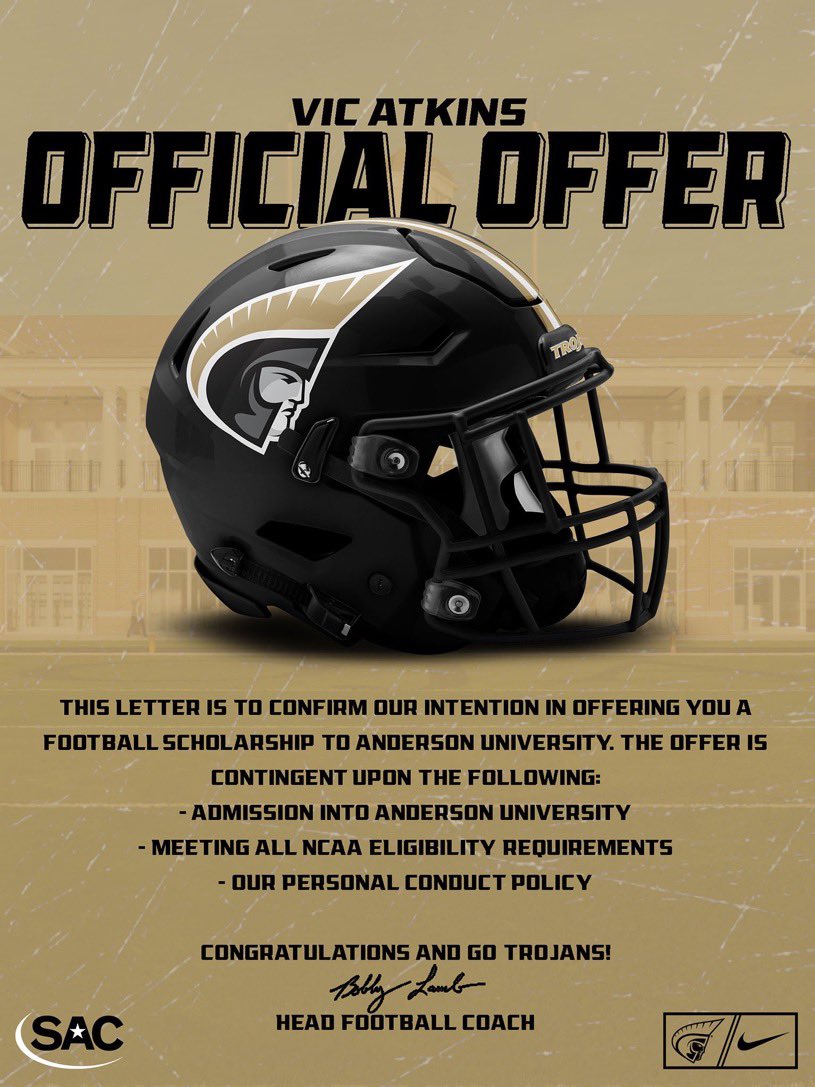 After a great conversation with <a href="/malikchevry/">Malik Chevry</a> I am blessed to receive my first offer from <a href="/AUTrojansFB/">Anderson Trojans Football</a>!!Very thankful for this opportunity. <a href="/MattRochester50/">Matthew Rochester</a> <a href="/T_Wright66/">Tyson Wright</a> @864DBs