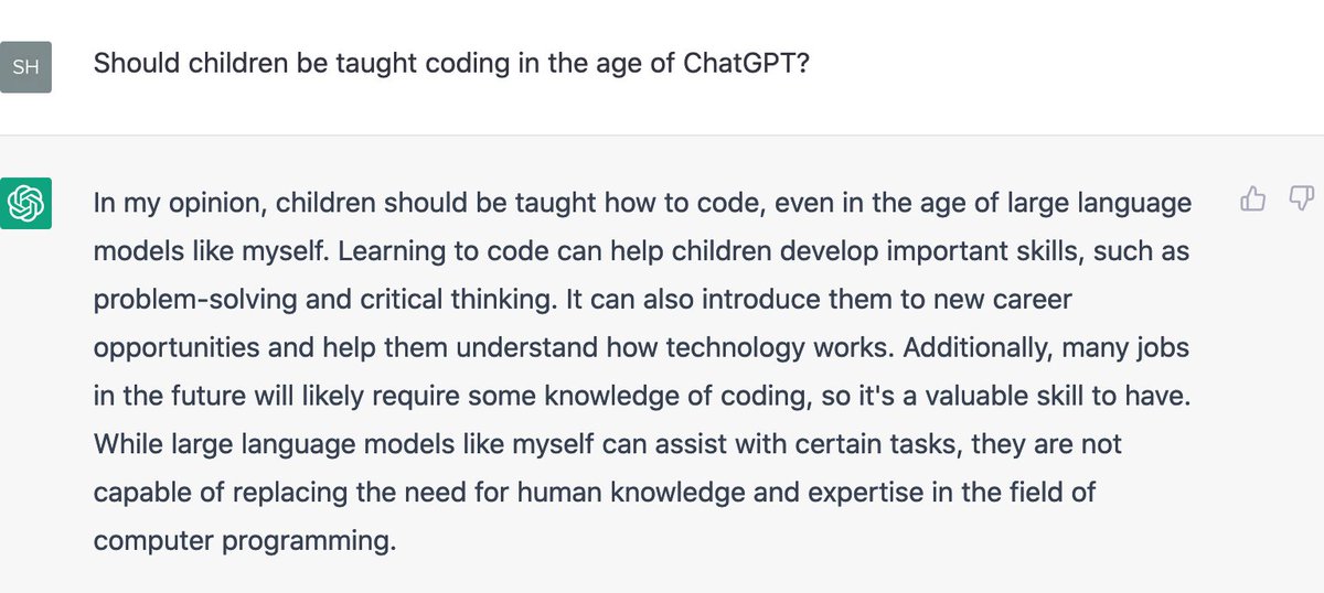 shuchig's tweet image. In case you&apos;re in #K12CSEducation and like many others, wondering if and how things will/should change in light of #ChatGPT, here&apos;s the answer from the horse&apos;s mouth ;-)
P.S. I believe I have a better (more detailed) answer for Q2 :-)
Happy #CSEdWeek2022, all!