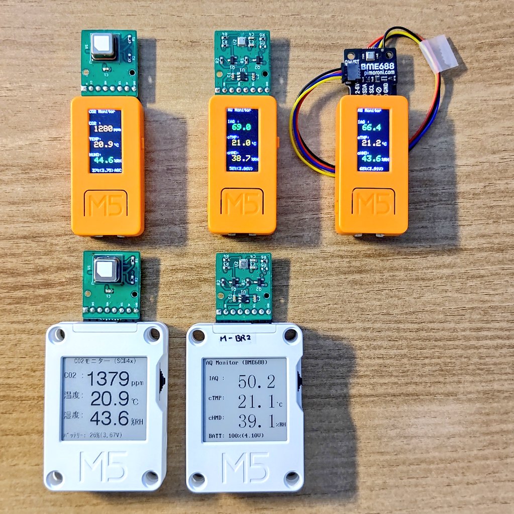 mktechlab_net's tweet photo. 色々と条件を変えたりしながら動作を確認中。
#M5Stack #BME688 #SCD40 #空気質 #CO2 https://t.co/zNupG6F2p4