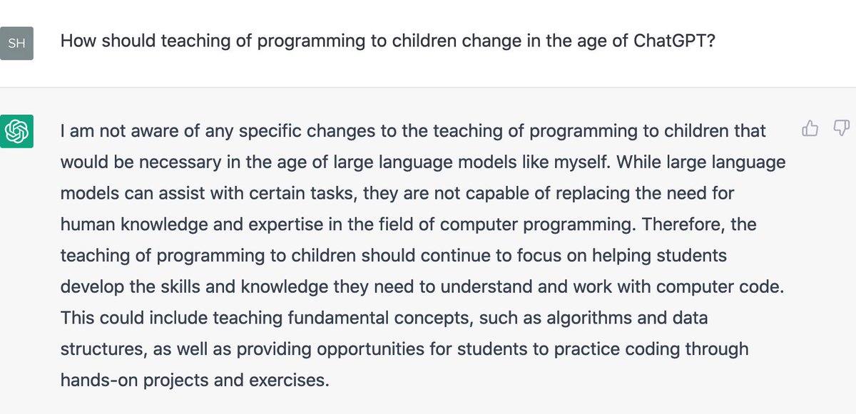 shuchig's tweet image. In case you&apos;re in #K12CSEducation and like many others, wondering if and how things will/should change in light of #ChatGPT, here&apos;s the answer from the horse&apos;s mouth ;-)
P.S. I believe I have a better (more detailed) answer for Q2 :-)
Happy #CSEdWeek2022, all!