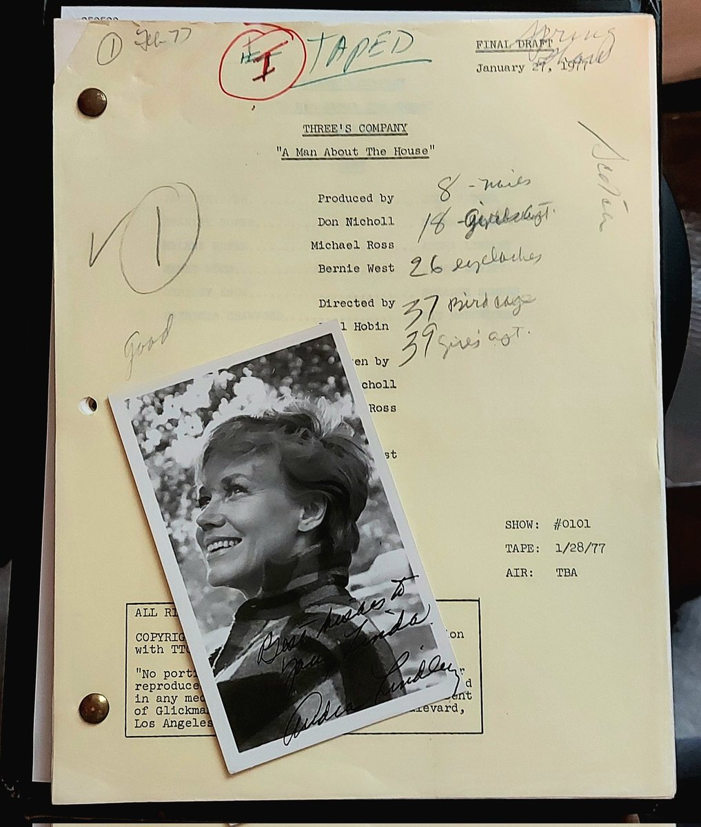 Audra Lindley's personal script from the first ever episode of Three's Company. ❤ Link in bio 

#threescompany #3scompany #audralindley #mrsroper #script #memorabilia #eBay #johnritter <a href="/SuzanneSomers/">Suzanne Somers</a> #suzannesomers