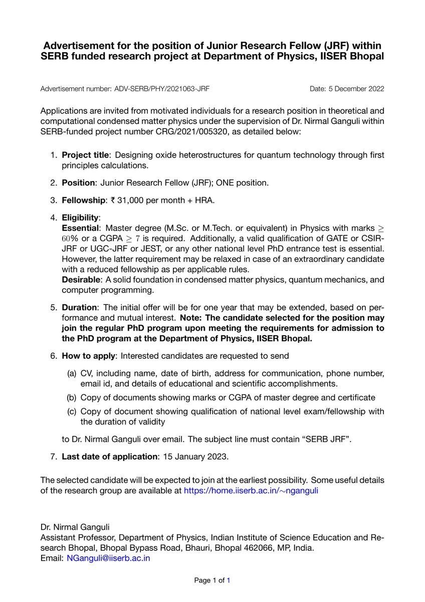 ToMPgroup's tweet photo. A project JRF position is available at @ToMPgroup @iiserbhopal, as described below. It may be converted to a PhD position. Please see https://t.co/kphbsNqtRe and https://t.co/OGnqwXLW2c for more details. Interested candidates should apply by 15 January 2023. https://t.co/otNNsIVJSK