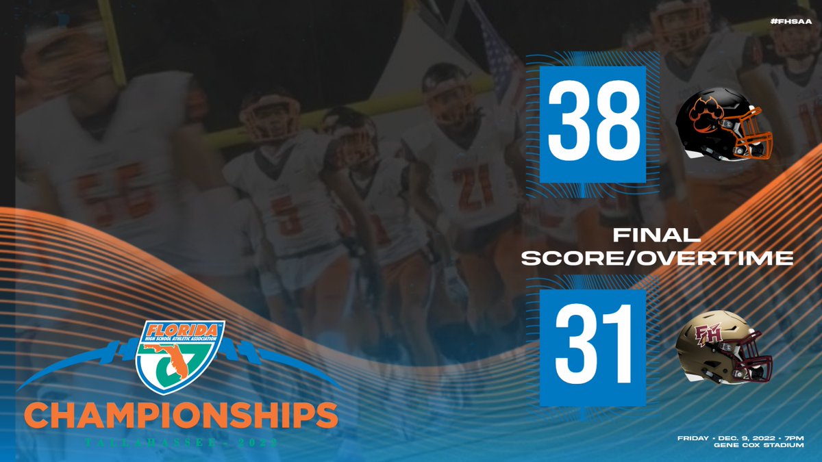 FHSAA's tweet image. #FHSAA #Class2S 🏈#StateChampionship 🏆

FINAL/OT:
@CocoaFootball Tigers def. 
@FloridaHighFB Seminoles