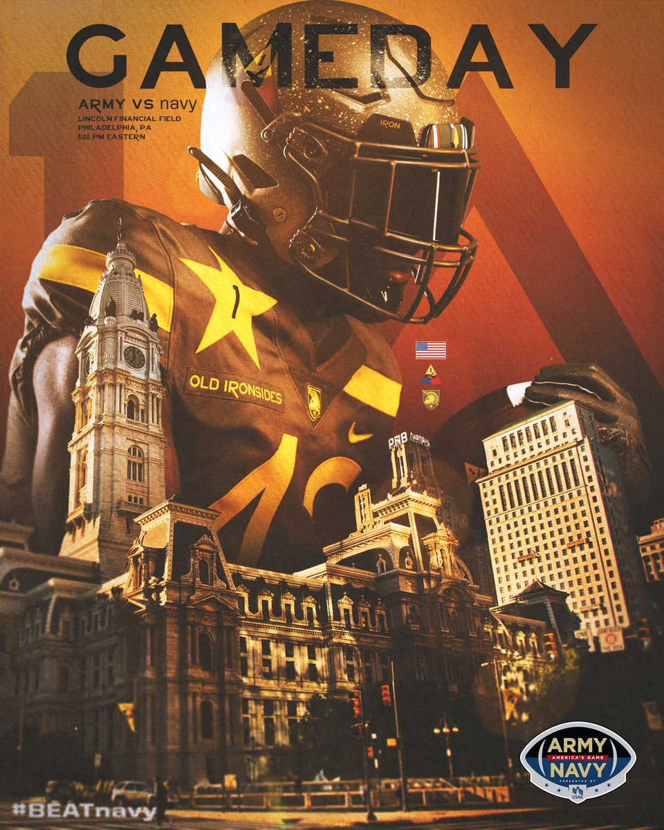 𝗜𝗧'𝗦 𝗚𝗔𝗠𝗘𝗗𝗔𝗬 🇺🇸

🆚 navy
⏰ 3 PM
📍 Philadelphia
🏟 <a href="/LFFStadium/">Lincoln Financial Field</a> 
📺 CBS
📻 thevarsitynetwork.com/audioapplink/s…
📊 goarmywestpoint.com/sidearmstats/f…

#GoArmy | #BEATnavy