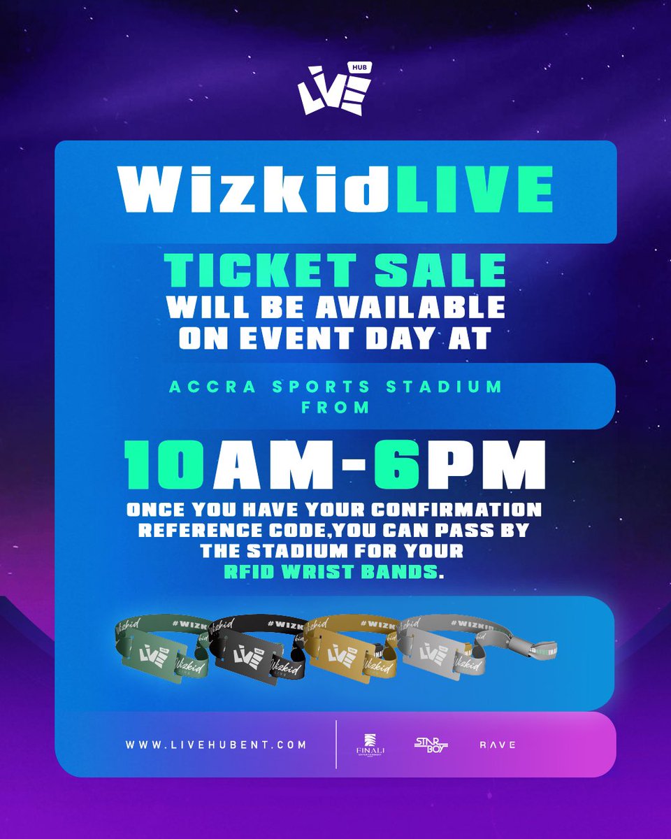 For those who weren’t able to purchase their tickets online or using the short codes and want to avoid the afternoon gridlock, our ticketing agents will be on hand as early as 10am to confirm tickets and provide RFID wristbands.
.
#wizkidliveaccra #wizkid #concert #accra #ghana