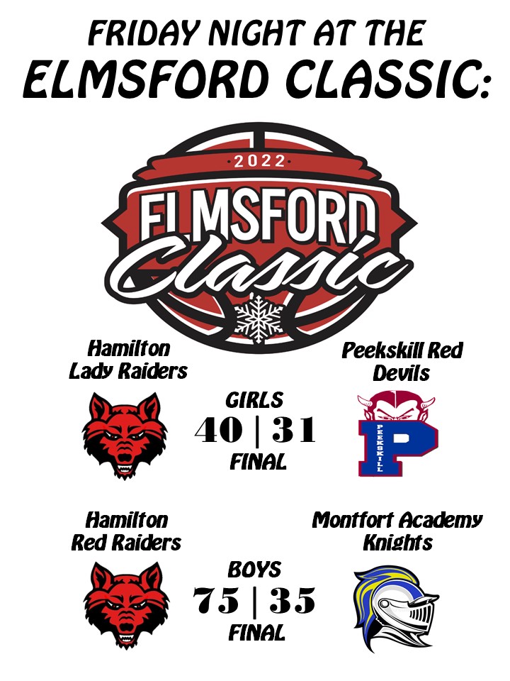 Friday Night At The #ElmsfordClassic -- Games tomorrow! Tomorrow is #ChampionshipSaturday come out and support!

1pm - Greenburgh NC vs. Montfort Academy (Boys)
3pm - Hamilton vs. Yonkers CSEE (Girls)
5pm - Hamilton vs. Yonkers CSEE (Boys)

#RedRaiderNation #TheClassic