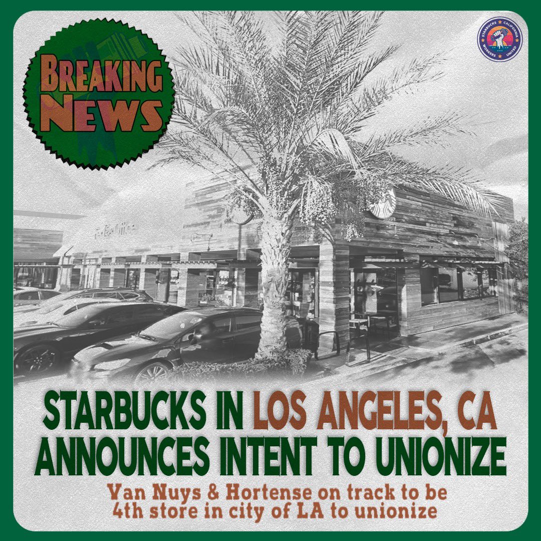 WELCOME TO THE FAMILY SHERMAN OAKS!!

On the 1 year anniversary of Starbucks Workers United’s first win, the workers of the Van Nuys and Hortense store have filed for a union election! Let’s go LA County!!!!!
