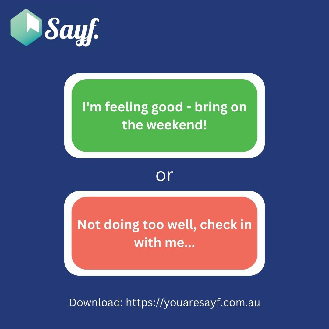 Weekends can be tough for those alone or living with mental illness, its a great time to check in with your mates on Sayf 🟢🟠🔴
#Mentalhealth #MentalHealthMatters #MentalHealthAwareness #mentalillness #SuicidePrevention #SuicideAwareness #YouAreSayf
