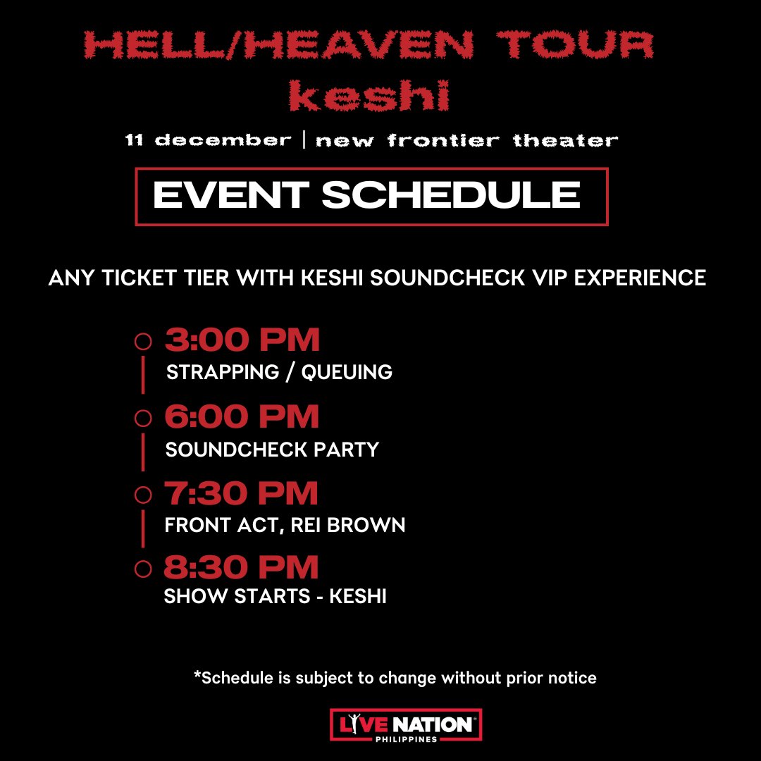 livenationph's tweet photo. ❗Here are the queuing guidelines and event schedule for keshi's HELL/HEAVEN TOUR in Manila❗

Queuing link: https://t.co/wWaZy9xgve

🗓️ New Frontier Theater
📍Dec. 11, 2022

#keshiMNL https://t.co/uCsD7KuPBD