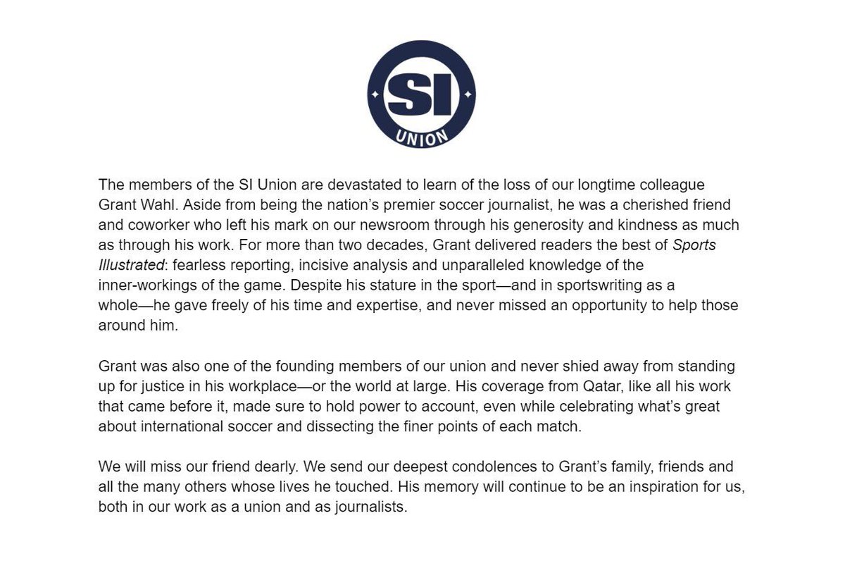 We at the SI Union are heartbroken over the loss of our friend and colleague, Grant Wahl
