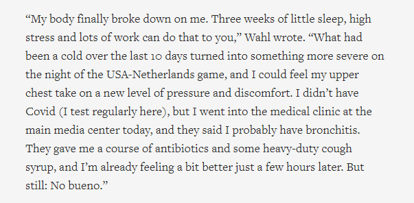 lookner's tweet photo. Grant Wahl's agent said Wahl had not been feeling well during the tournament. Wahl himself had written on Monday that he had been feeling sick and gone to the medical clinic. But no confirmed cause of death yet.
https://t.co/8Q5tOswd7W
https://t.co/oRY9SO6PVg https://t.co/RaX4HWgjVp