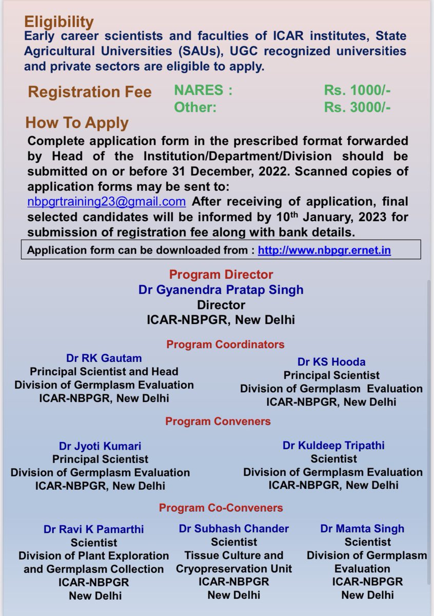 KuldeepPGR's tweet photo. Nominations are invited for #Virtual Training Program on Management and Utilization of Plant Genetic Resources to be organized by @INbpgr &amp; Human Resource Management Unit of @icarindia from 1-21 Feb, 2023. @bsi_moefcc @CSIR_IND @NABI_India @NIPGRsocial @csirnbrilko https://t.co/hTn9WDi56Q