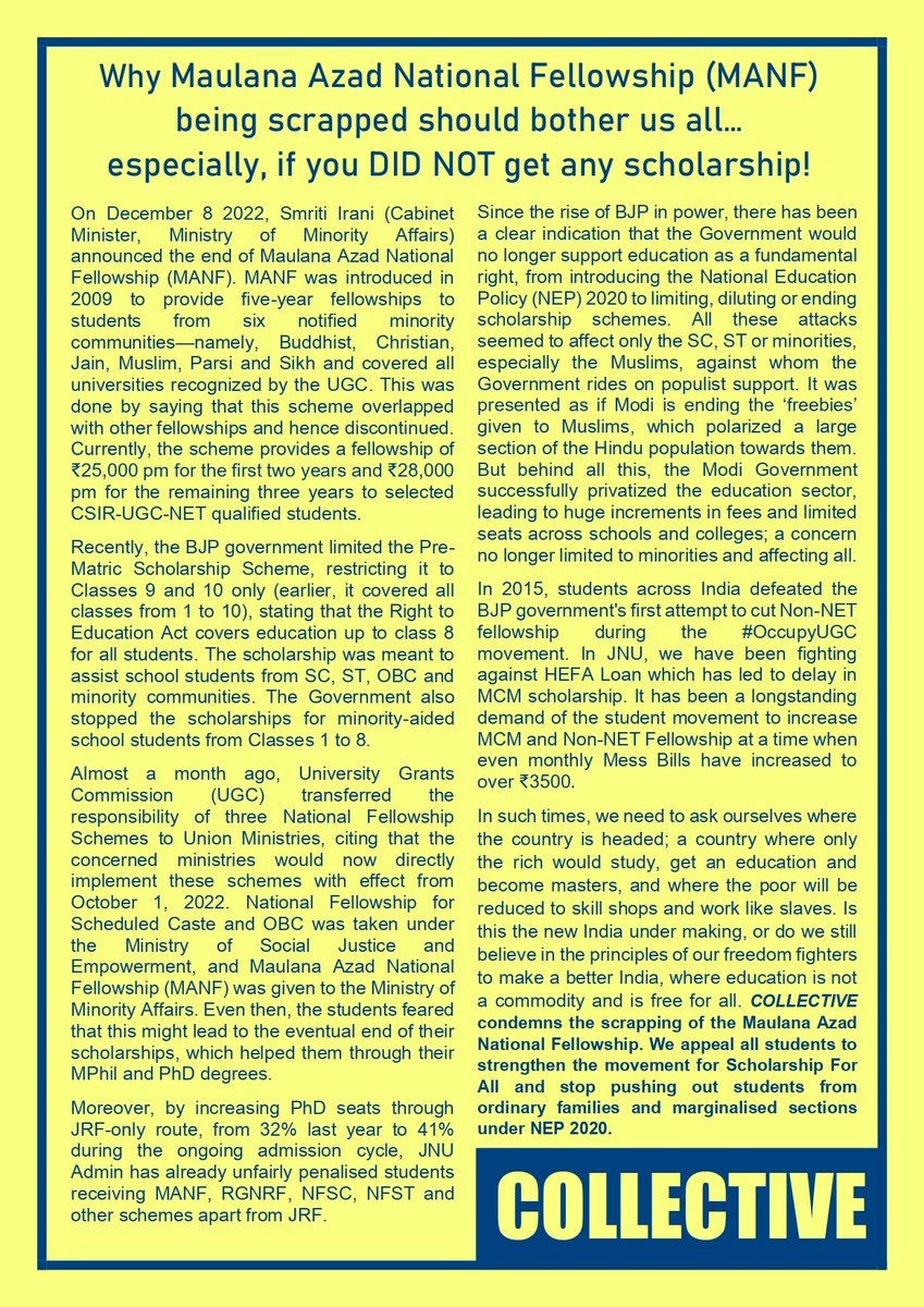 COLLECTIVEDelhi's tweet photo. Bring back #MANF ✊🏾
COLLECTIVE appeals all students to strengthen the struggle against anti-student NEP 2020 and rebuild a movement like #OccupyUGC to defend public education.
Read more 👇🏾 https://t.co/U4FR9yPhAw
