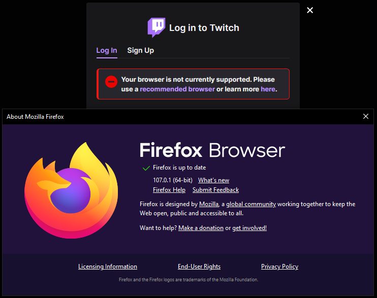 socratesgs's tweet photo. @TwitchSupport Umm, fix your logins! Up to date Firefox browser is being blocked (again!). https://t.co/H5NrO0NVcc