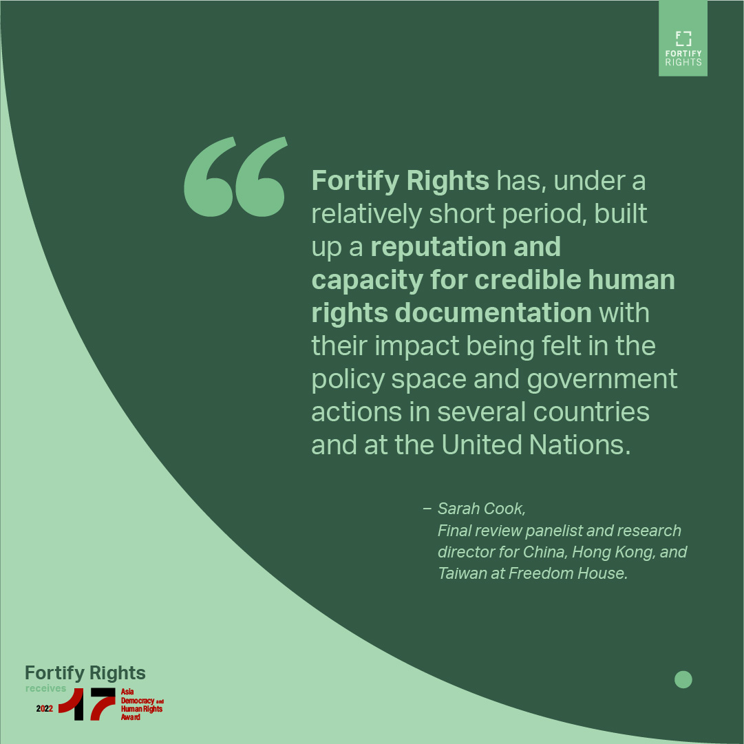 Fortify Rights (@fortifyrights) on Twitter photo .<a href="/FortifyRights/">Fortify Rights</a> is the 17th winner of the Asia Democracy and Human Rights Award. <a href="/TFDemocracy/">Taiwan Foundation for Democracy</a> gives the award annually to “courageous individuals and groups who build democracy, stand up for justice, and defend human rights.” The award comes with a grant of US$100,000. .<a href="/FortifyRights/">Fortify Rights</a> is the 17th winner of the Asia Democracy and Human Rights Award. <a href="/TFDemocracy/">Taiwan Foundation for Democracy</a> gives the award annually to “courageous individuals and groups who build democracy, stand up for justice, and defend human rights.” The award comes with a grant of US$100,000.