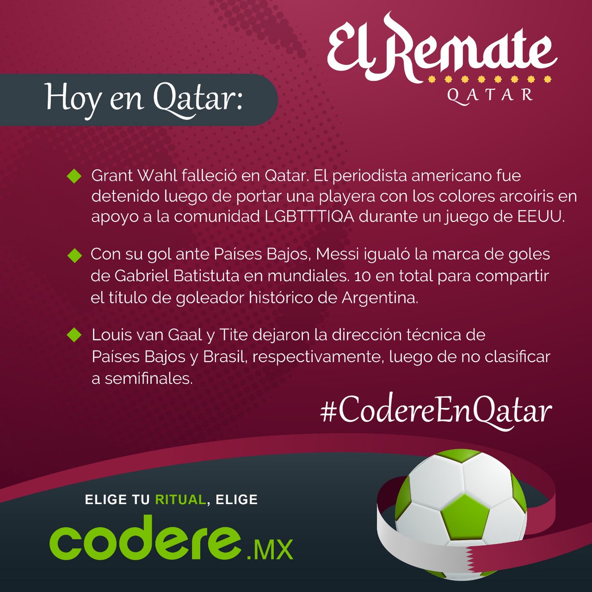 CodereMX's tweet photo. 🙌¡MÁS DÍAS DE ESTOS!🙏
¡Sobrinos! Amar el fútbol es sencillo, días como hoy nos hacen recordar lo mágico que es el balón. Y para cerrar esta increíble jornada les invito a leer #ElRemate, no se lo pierdan.
Recarguen pila, ¡mañana será otro día extraordinario! #CodereEnQatar https://t.co/NsnP45SfXq
