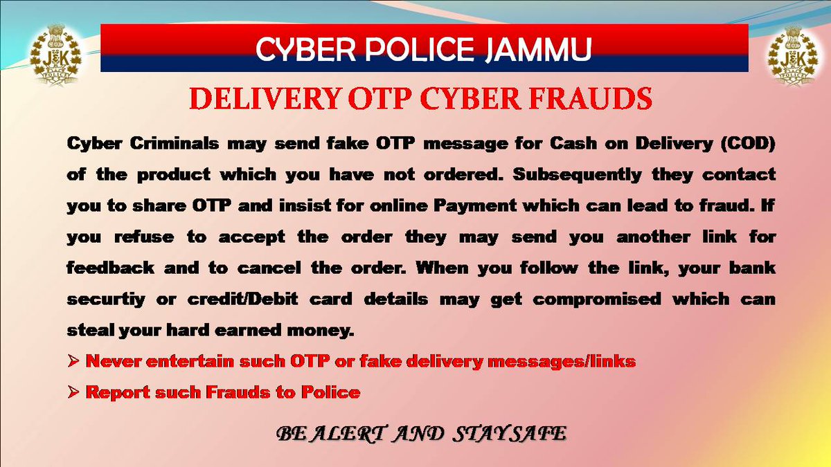 #AwarenessCyberPolJmu
<a href="/JmuKmrPolice/">J&K Police</a> 
@mukesh_ips_jk 
<a href="/ZPHQJammu/">Zonal Police Media Centre- Jammu Zone</a>
<a href="/bhatray/">Rayees Mohammad Bhat</a>
<a href="/shridhar_ips/">Sridhar</a> 
<a href="/Sandeepmehta075/">Sandeep Mehta</a> 
<a href="/KathuaPolice/">Kathua Police</a> 
<a href="/DySpPriyanka/">Priyanka kumari</a>
<a href="/WasimHamdani30/">Wasim Hamdani</a> 
<a href="/Cyberdost/">CyberDost I4C</a>
