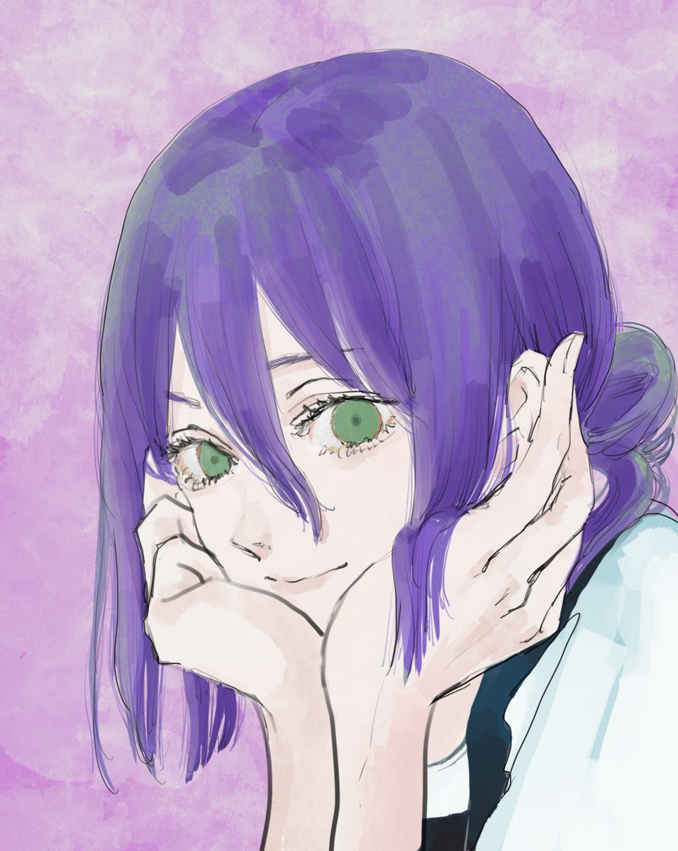 reze (chainsaw man) 1girl solo green eyes hair between eyes smile purple background looking at viewer  illustration images