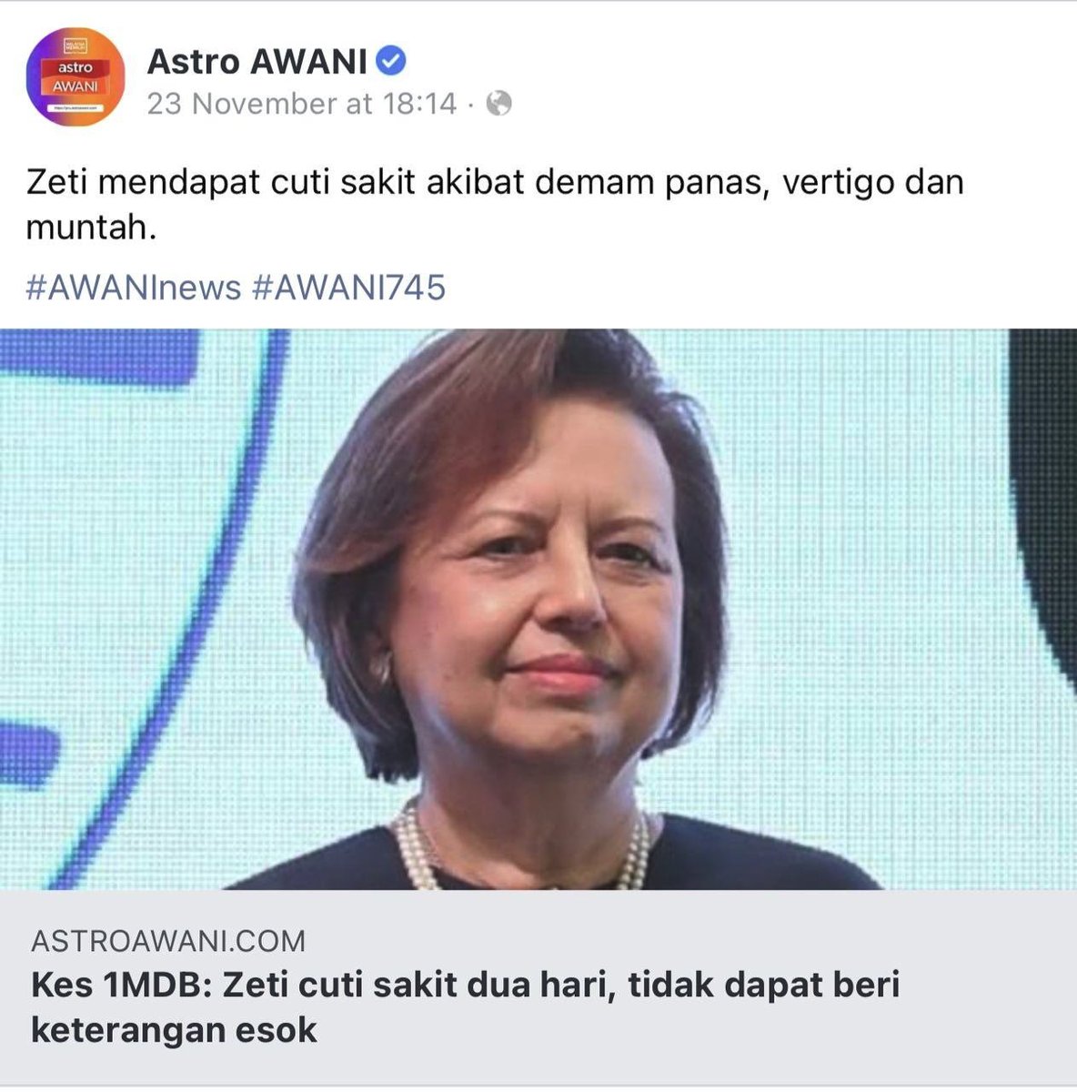 #RT <a href="/NajibRazak/">Mohd Najib Tun Razak</a>: Marilah kita sama-sama mendoakan agar Tan Sri Zeti Akhtar Aziz diberikan kesembuhan secepat mungkin dari penyakit demam tinggi, vertigo dan muntah seperti sediakala.

Get well soon.