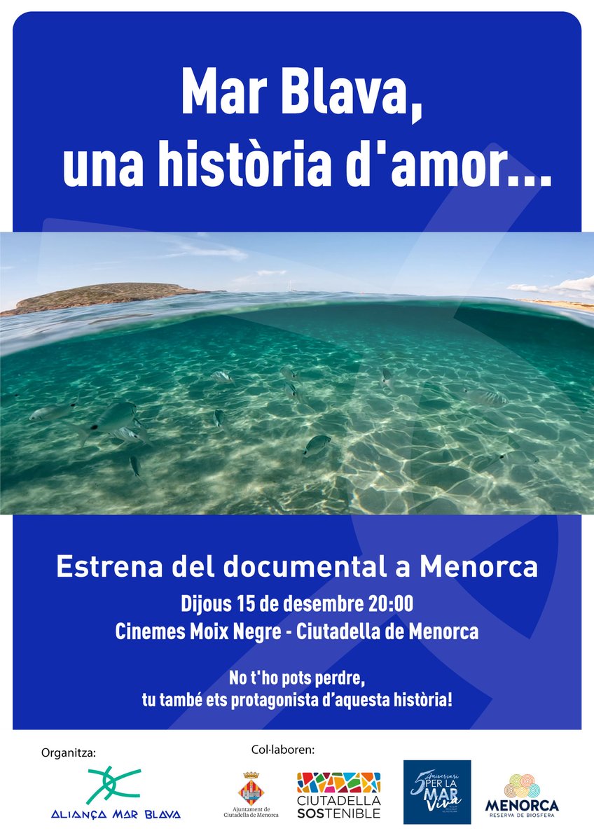 📣📽️ El pròxim 15.12 s'estrenarà a #Menorca el documental "Mar blava, una història d'amor...", que explica l'emocionant camí que es va recórrer per aconseguir una fita història: protegir la mar de les prospeccions petrolieres a Espanya. <a href="/AlianzaMarBlava/">Alianza Mar Blava - Aliança Mar Blava</a> 

Un MUST. Recomanam!