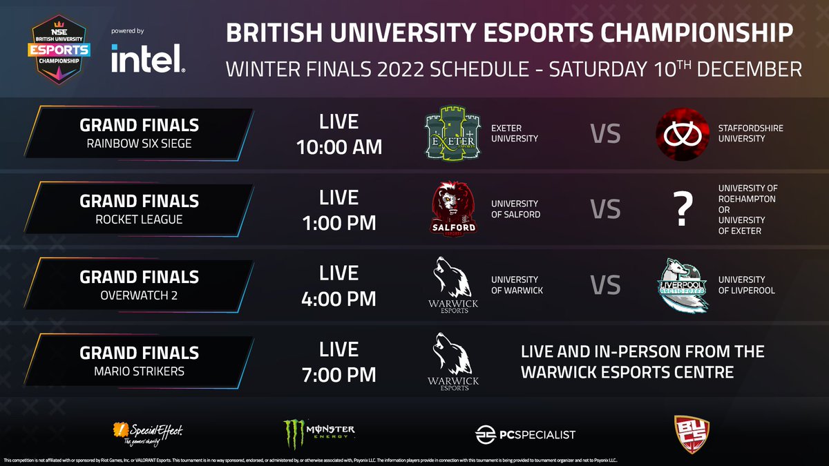 nse_gg's tweet photo. ☀️ GOOD MORNING! #BUECWinter2022 schedule is looking JAM PACKED.

⚔️ We're seeing teams from @ExeterEsports, @StaffsEsports, @SalfordEsports, @warwickesports, @UoLGamingSoc!

📺 Join us on https://t.co/Ktk6UeLLh8 all day for the finals and giveaways! 

👉 https://t.co/U3G0BKGZ6t https://t.co/I5XgCFGABY