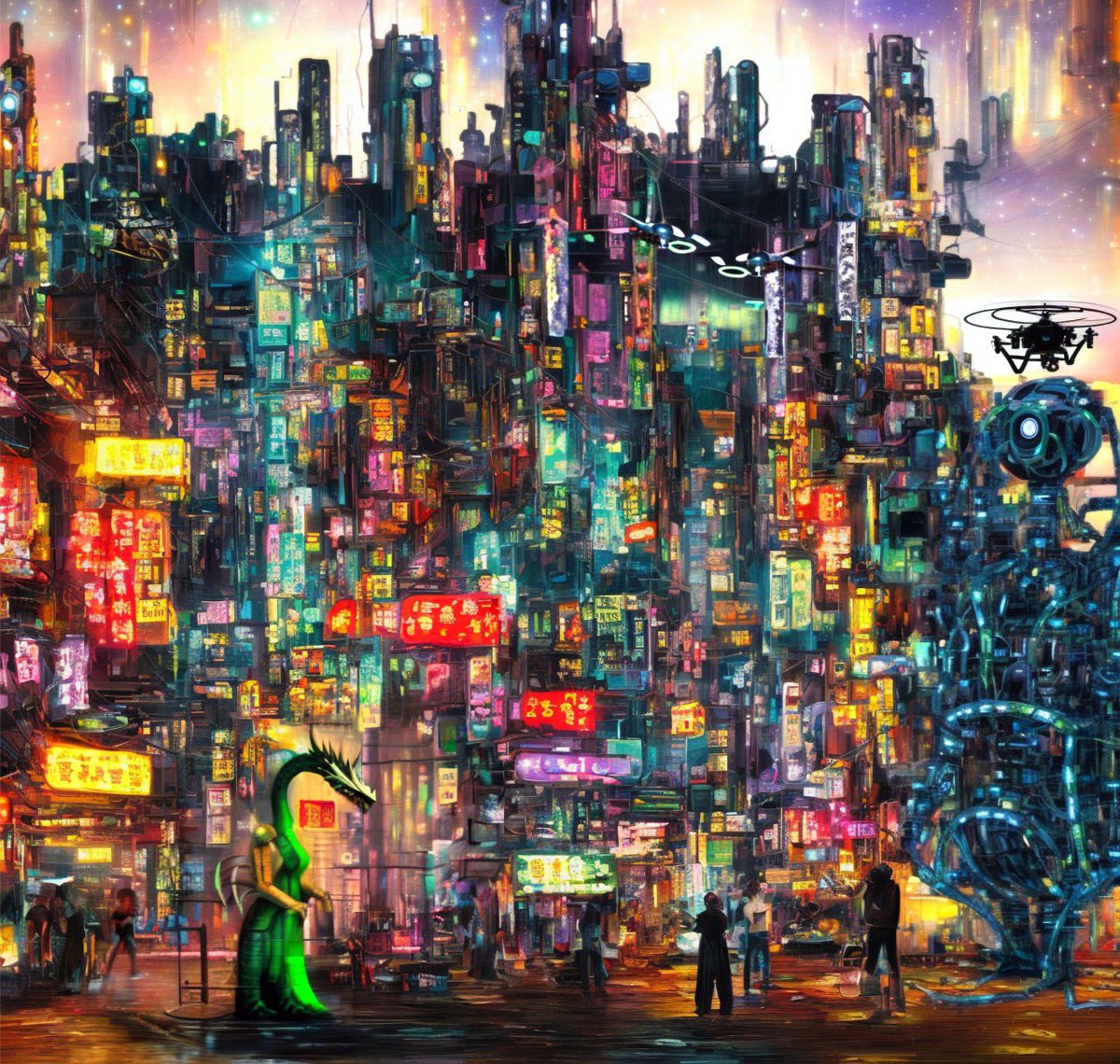 DiffusionDaily's tweet photo. The regular customers on the night market. 

#stablediffusion #Cyberpunk https://t.co/qlHQL4SRVN
