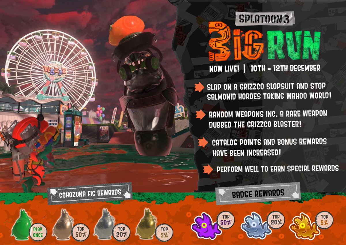 NintendoPlayUK's tweet photo. 🟠🟢 #Splatoon3 #BigRun Event is live!

Slap on a #Grizzco slopsuit and team up  to stop wave after wave of Salmonids from overrunning #WahooWorld.

Rack-up increased Catalog Points and Bonus Rewards, and receive special Locker Decorations and Badges based on your performance. https://t.co/jEJQRUcmqL