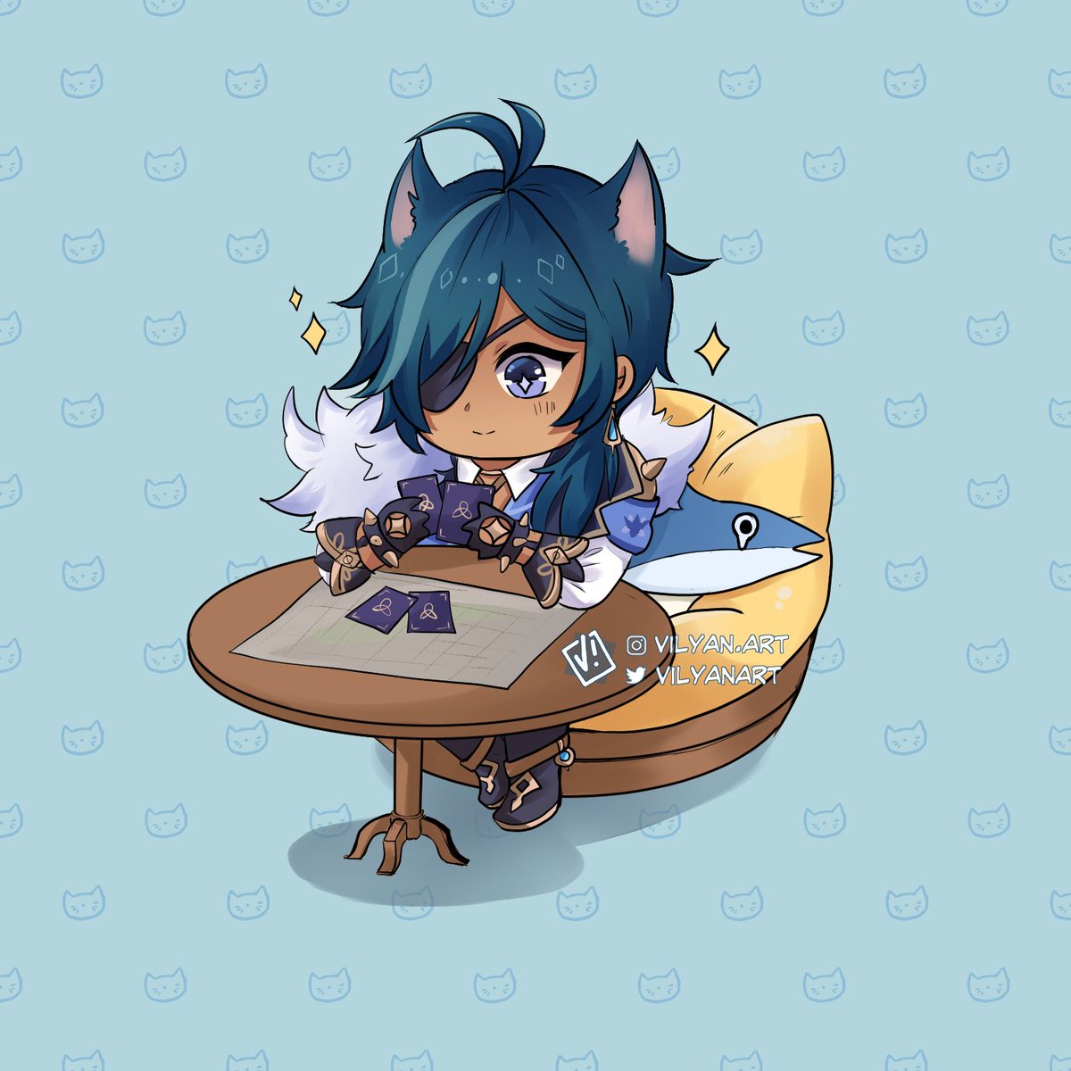 kaeya (genshin impact) 1boy male focus blue hair animal ears eyepatch chibi dark skin  illustration images