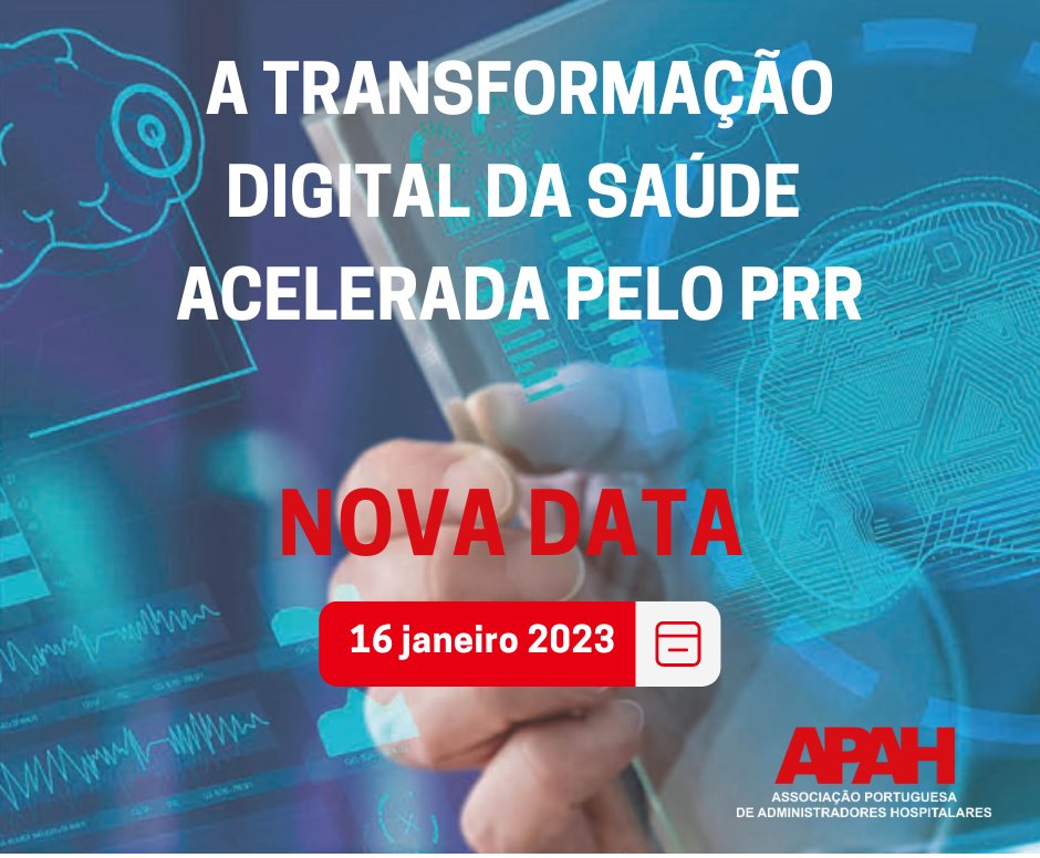 Informamos que, devido à sobreposição do Evento “A Transformação Digital da Saúde acelerada pelo PRR” com a tomada de posse da DE do SNS, foi decidido o reagendamento do evento para dia 16 de janeiro de 2023. Lamentamos qualquer incómodo causado por este adiamento. Obrigado.