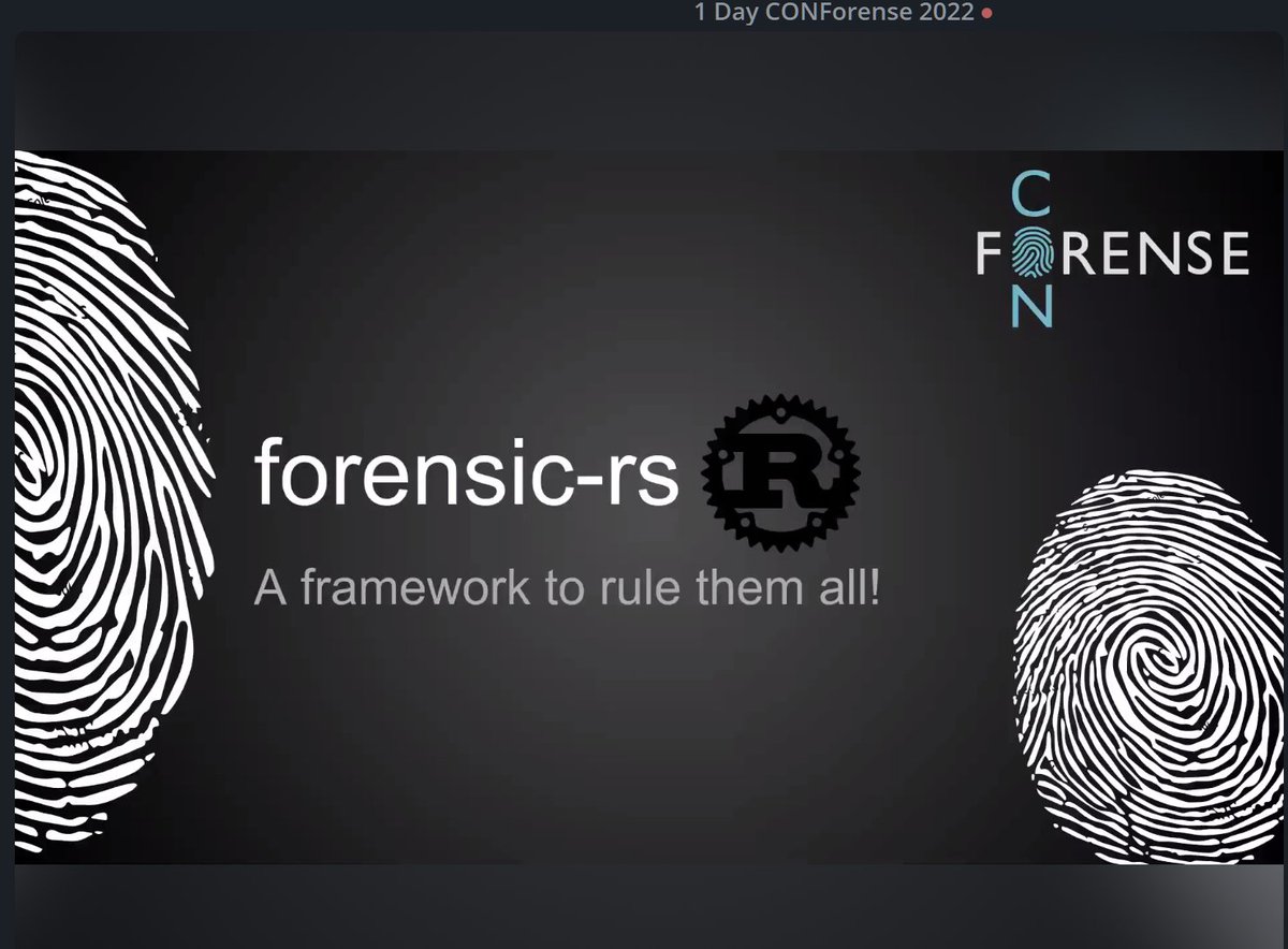 Continua <a href="/SecSamDev/">Samuel Garcés</a> en la II @conforense con su charla "When Rust meets forensics", para amantes del #rust y del #forense (me ha dicho un pajarito q esto corre q se las pela...)