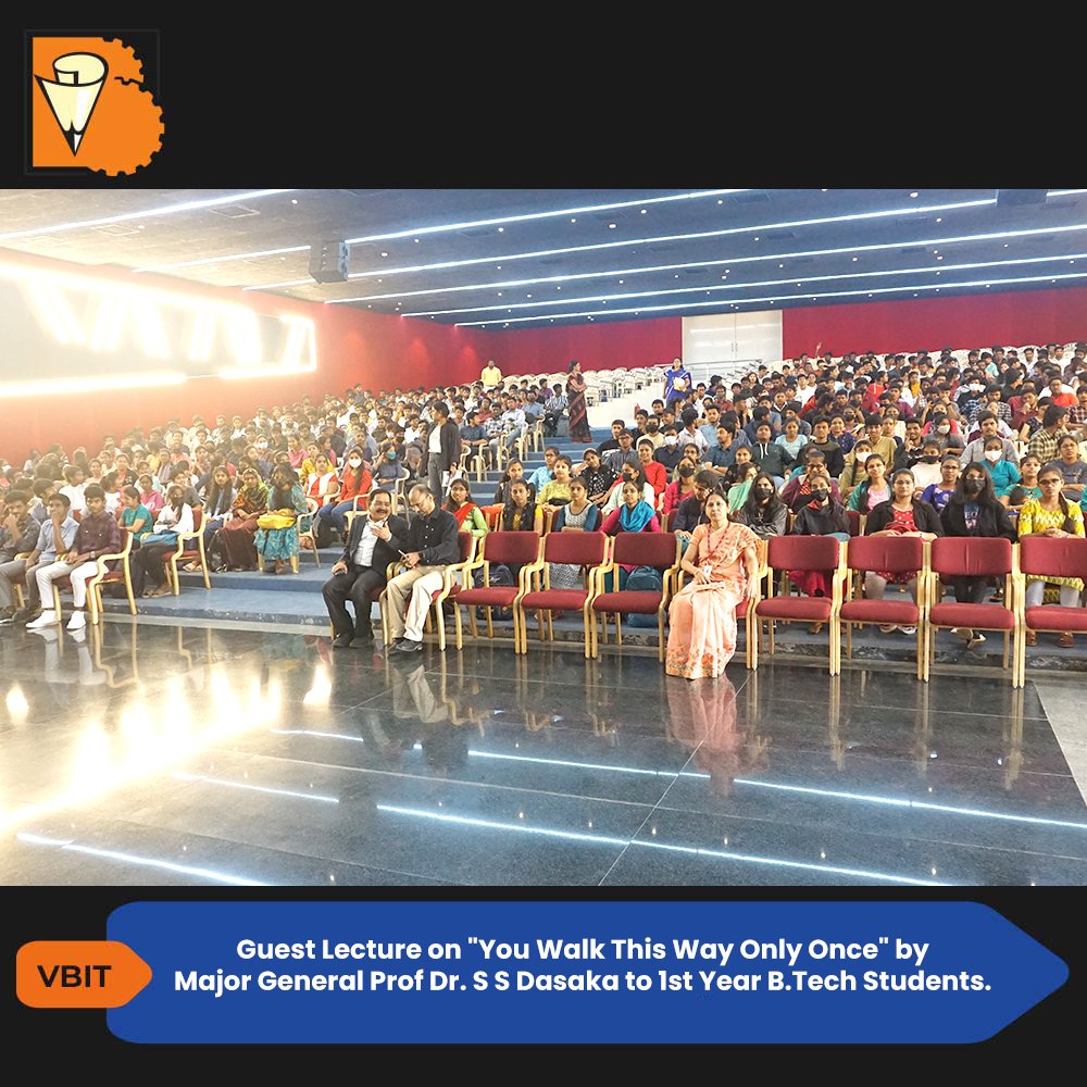VBITHYD's tweet photo. #GuestLecture on "You Walk This Way Only Once" by Major General Prof Dr. S S Dasaka to 1st Year #B_Tech Students organised by H&S Department on 10th December 2022.
#VBIT #HumanitiesandScience #Humanities #Science #Students #InteractiveSession #Interactive #Session #Skills https://t.co/5L0X2540Ho