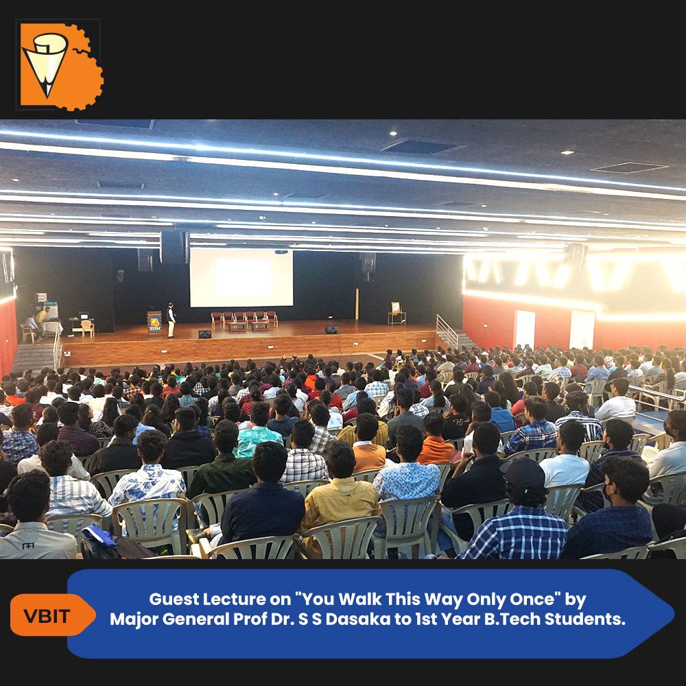 VBITHYD's tweet photo. #GuestLecture on "You Walk This Way Only Once" by Major General Prof Dr. S S Dasaka to 1st Year #B_Tech Students organised by H&S Department on 10th December 2022.
#VBIT #HumanitiesandScience #Humanities #Science #Students #InteractiveSession #Interactive #Session #Skills https://t.co/5L0X2540Ho