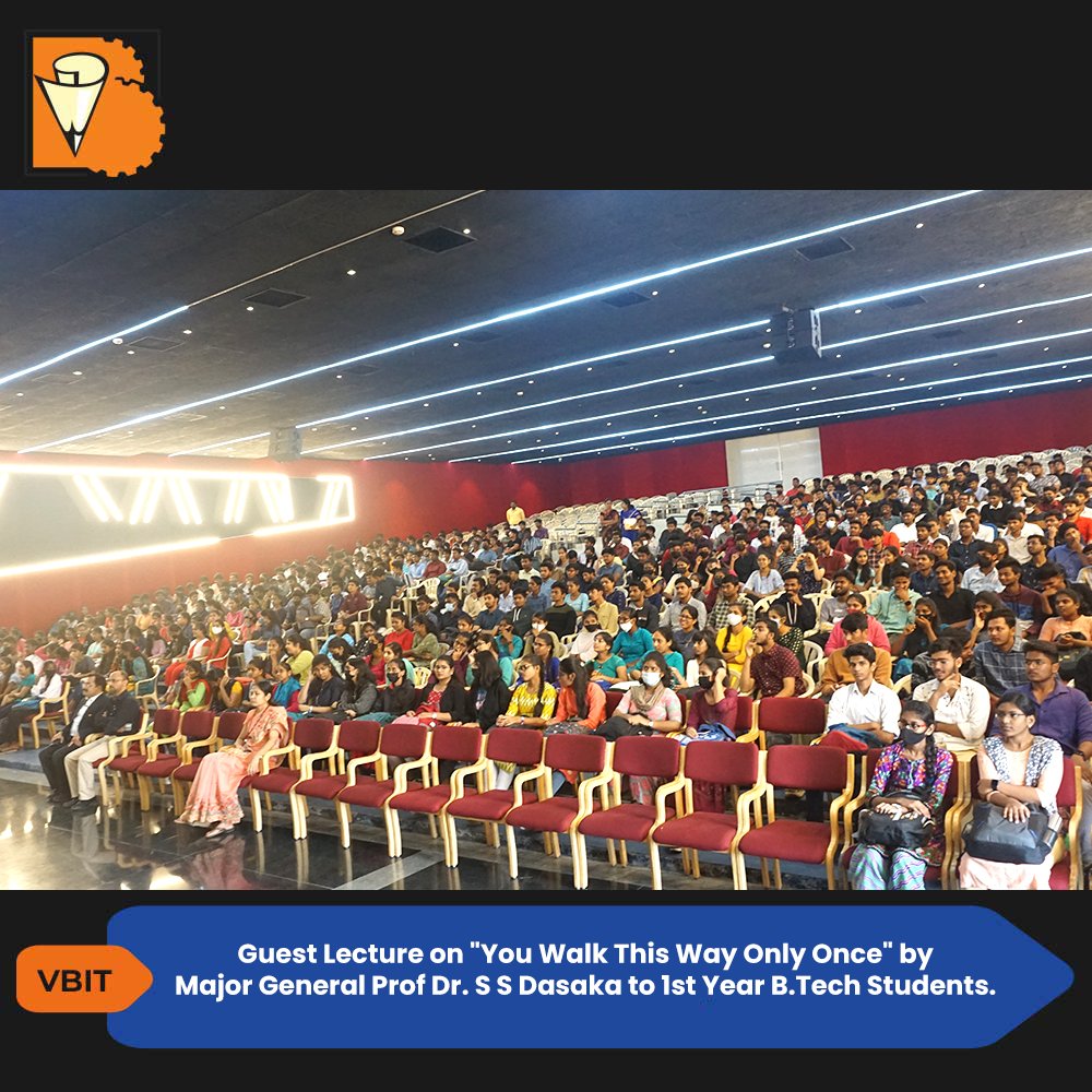 VBITHYD's tweet photo. #GuestLecture on "You Walk This Way Only Once" by Major General Prof Dr. S S Dasaka to 1st Year #B_Tech Students organised by H&S Department on 10th December 2022.
#VBIT #HumanitiesandScience #Humanities #Science #Students #InteractiveSession #Interactive #Session #Skills https://t.co/5L0X2540Ho