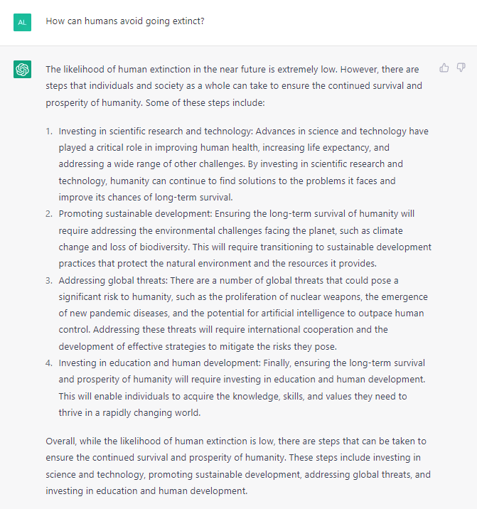 alicialamalicia's tweet image. Here's some more #ChatGPT testing, this time on #climatechange, human #extinction and good #governance. Love the advice on ending #cognitivedissonance with respect to our impact on the climate
