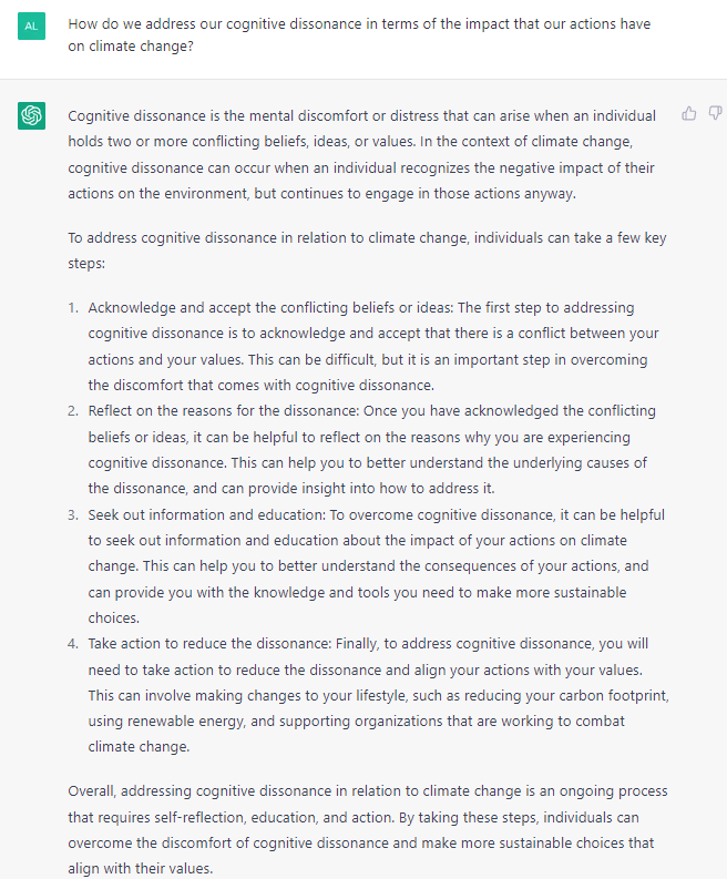 alicialamalicia's tweet image. Here's some more #ChatGPT testing, this time on #climatechange, human #extinction and good #governance. Love the advice on ending #cognitivedissonance with respect to our impact on the climate