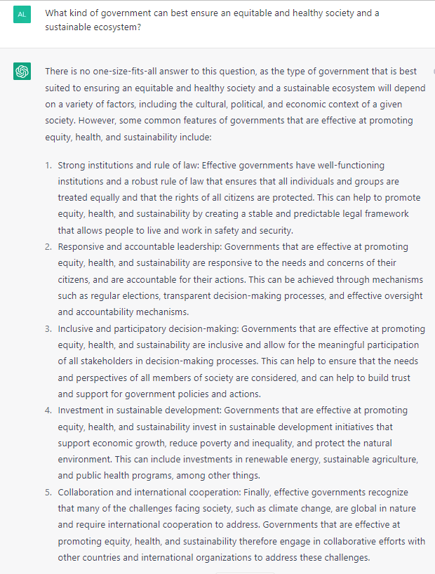 alicialamalicia's tweet image. Here's some more #ChatGPT testing, this time on #climatechange, human #extinction and good #governance. Love the advice on ending #cognitivedissonance with respect to our impact on the climate