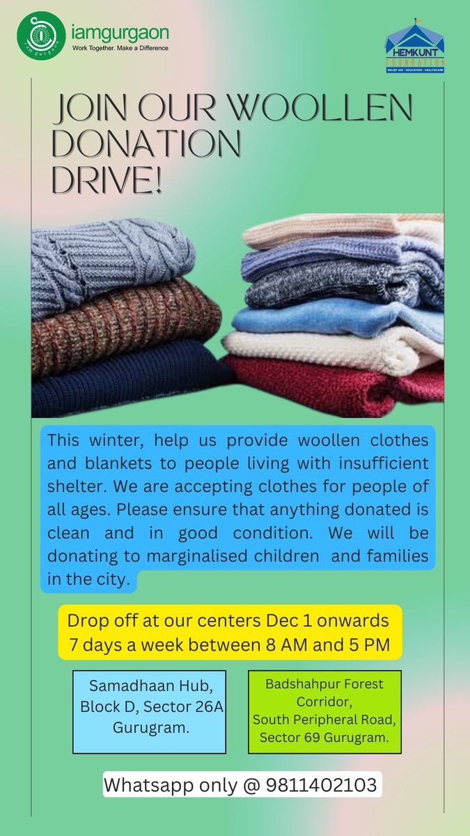 Please join our woollen donation drive and do spread the word to family and friends in NCR! #winter #clothesdonation #coldweather #Homeless