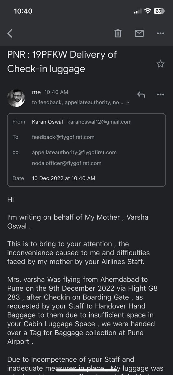 SohanOswal's tweet photo. @GoFirstairways pathetic service by your staff. 
Have been waiting for the baggage since yesterday (9/12/22)morning, which was misplaced due to their irresponsibility. And upon locating the bag, they ask us to come all the way back 20kms just to collect it. 

Can’t you’ll deliver https://t.co/cyeBKcMhTO