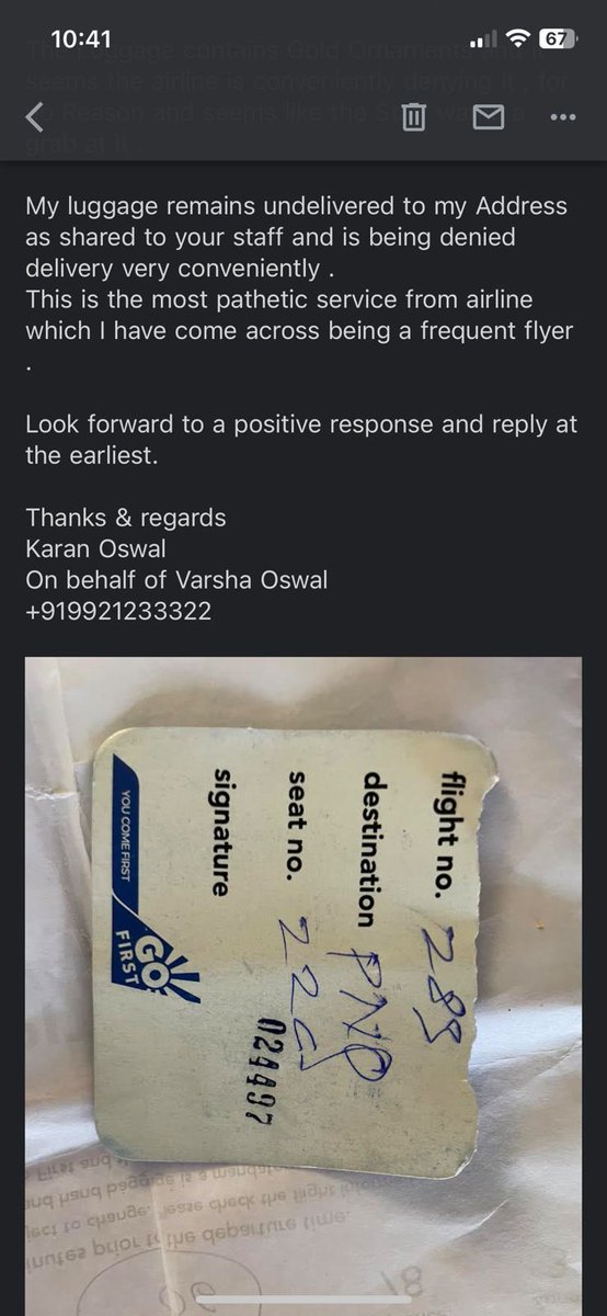 SohanOswal's tweet photo. @GoFirstairways pathetic service by your staff. 
Have been waiting for the baggage since yesterday (9/12/22)morning, which was misplaced due to their irresponsibility. And upon locating the bag, they ask us to come all the way back 20kms just to collect it. 

Can’t you’ll deliver https://t.co/cyeBKcMhTO