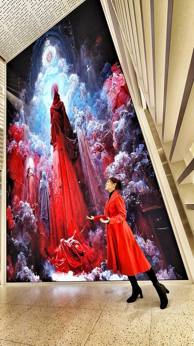 MBC 스마트센터 미디어월에 전시된 저의 작품앞에서 퍼포밍 포토 찍어보았어요. AI작품과 퍼포먼스의 무대적 요소가 결합된 시각연출^^ 
#AIart #midjourney #nftart #MBC #performance #MediaArt