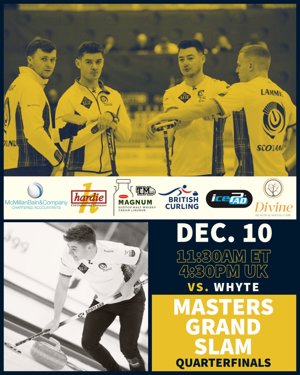 QUARTERFINALS 

🆚 Team Whyte
📍 Oakville, ON 🍁
🕟 4:30PM UK 🇬🇧
🕦 11:30AM ET 🇨🇦 

AROUND THE RINGS COVERAGE 
📺 <a href="/yaresports/">YAREtv</a> 🇬🇧 
📺 <a href="/Sportsnet/">Sportsnet</a> 🇨🇦 
💻 <a href="/grandslamcurl/">Grand Slam of Curling</a>