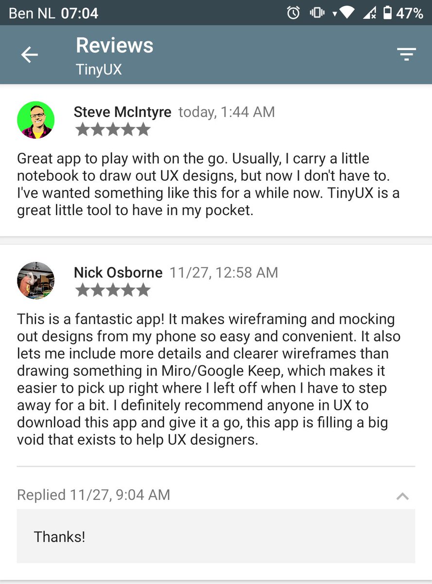 Got first 2 lovely reviews!

(For some reason not yet showing on Google Play, but visible for me.)

#reviews #googleplay #5stars #uxdesigns #tinyUX #wireframing