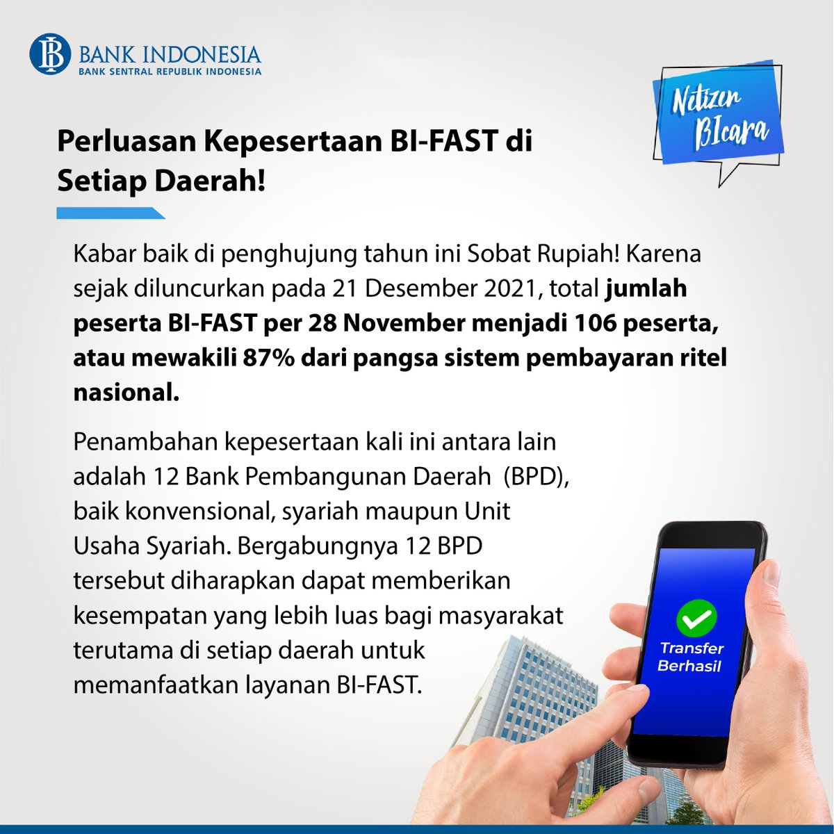 bank_indonesia's tweet photo. Pas banget kan, jelang akhir tahun semakin #BeriMakna terhadap kemudahan Sobat untuk transfer uang antarbank! 🤳🏻

Jangan lupa sebarkan informasi ini ke keluarga, saudara, dan teman Sobat ya! Kirim uang beda bank semakin cepat, mudah, murah, aman, dan handal dengan BI-FAST.💪🏻 https://t.co/pXhCh9lRga