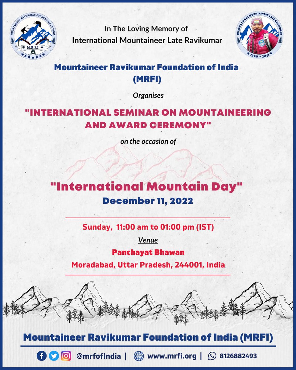 kapilkumarptc's tweet photo. #IMF #IndianmountaineeringFoundation #MRFI #MORADABAD
Join us in an amazing experience to understand the world of Mountaineering, in the loving memory of our brother @ravimountainer . Looking forward to host you all.
@Comm_Moradabad @DMMoradabad @moradabadpolice https://t.co/WgG2rc7L75