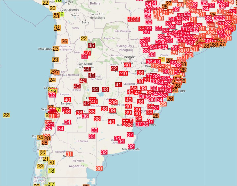 Vague de chaleur exceptionnelle sur le nord de l'#Argentine ces derniers jours. Jusqu'à 45°C relevé à Oran (record absolu).
Plusieurs autres records mensuels observés entre 44 et 45°C. Carte Ogimet. 