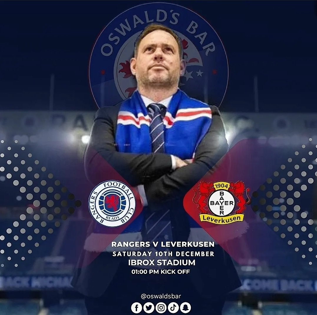 OswaldsBar's tweet image. &amp;gt;&amp;gt;&amp;gt;&amp;gt;MATCHDAY&amp;lt;&amp;lt;&amp;lt;&amp;lt;

We wish Michael Beale all the very best today in his first game in charge 

Rangers 🆚 Leverkusen 
🏟 Ibrox Stadium
🕒 1:00pm Kick off 

#oswalds #thepeoplespub 🔴⚪🔵

oswaldsbar.co.uk