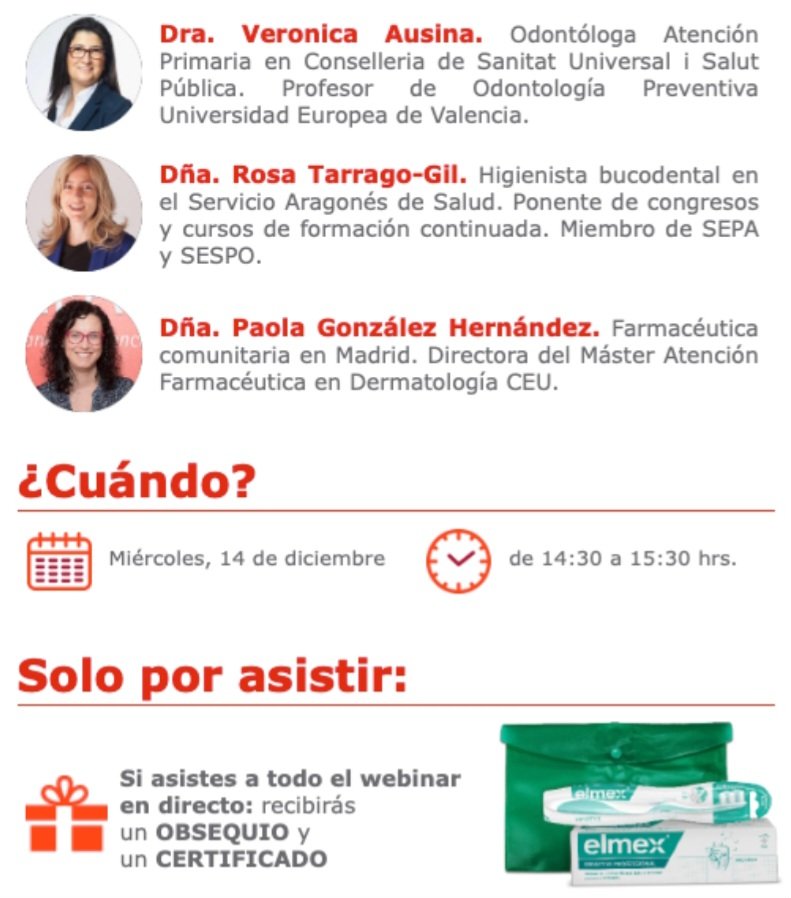 🎯 CURSO ONLINE: RIESGO DEL CONSUMO RECURRENTE DE AZÚCAR 

🗓 Miércoles 14 diciembre, 14:30h
📲 INSCRIPCIÓN GRATUITA: colgatetalks.com/register-webin…

🆕️💯🦷 Lo último en Cariología, remineralización, azúcares ocultos, nutrición. 
<a href="/veronicaausina/">Verónica Ausina</a> <a href="/PaolaGonzalezH/">Paola Gonzalez</a> <a href="/CP_News/">Colgate-Palmolive</a>
