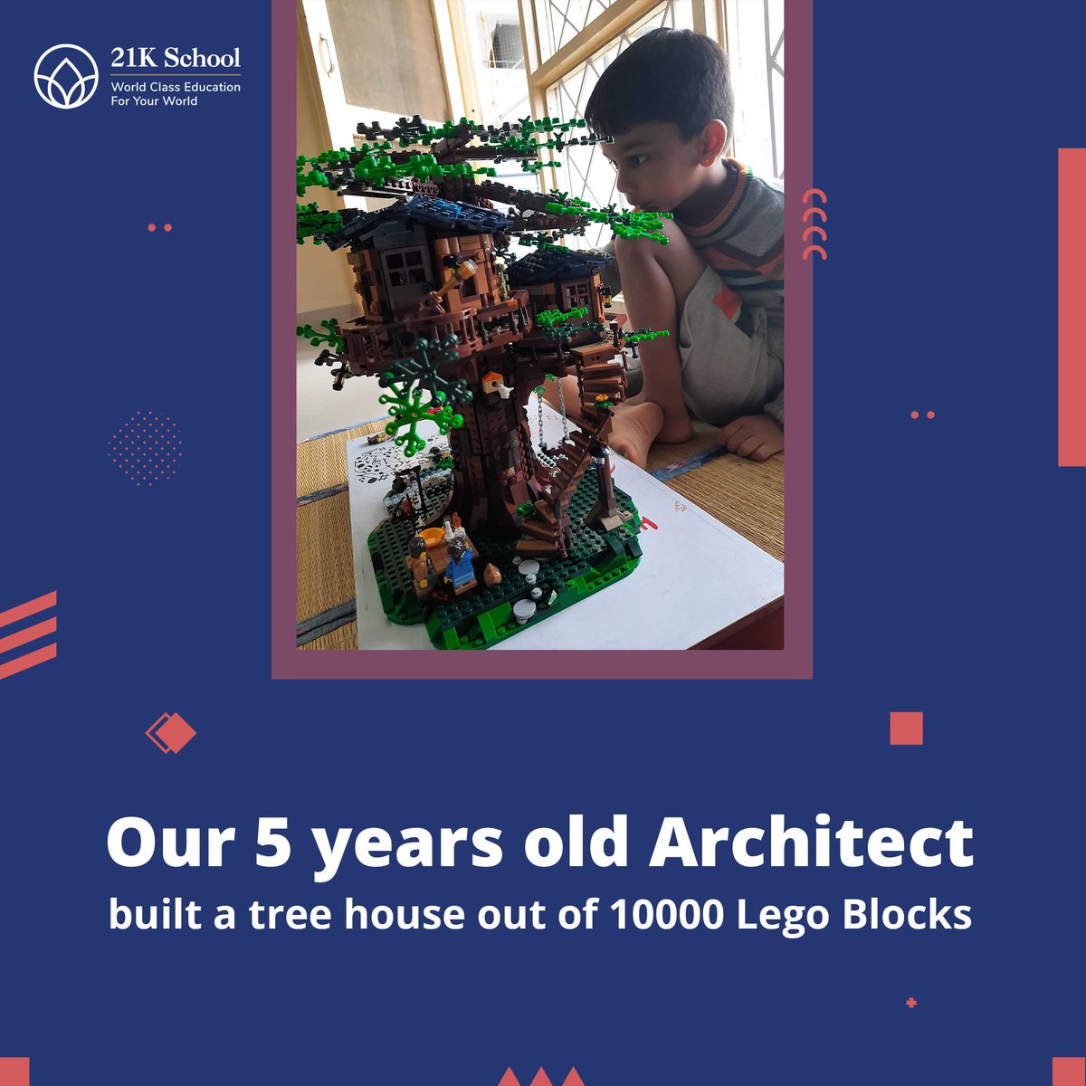 21Kschool's tweet image. Everything you imagine is real. 

And Reyansh of class KG2 MJ has rightly proved it. Recently he amused all of us by building a beautiful tree house from around 10000 Lego blocks.  Isn't that fantastic? 

#21kschool #futureofeduction #legoblocks #creativity #studentachievement